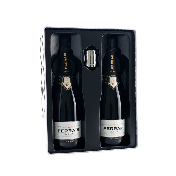 Ferrari White Tin Gift Box, 2 fles Ferrari Brut + stopper